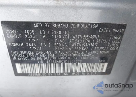 2019 Subaru Outback 2.5I из США, поврежденный, VIN 4S4BSABC3K3364636